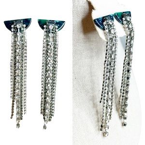 Art Deco Style Rhinestone Fringe Long Green Marbled Acrylic Earrings